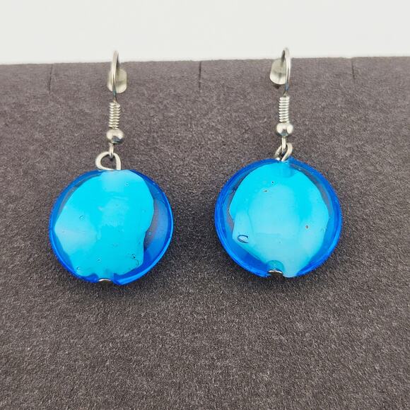 Two Tone Blue Round Bubble Beaded Earrings Hook Style Dangle Drop Whimsical - Picture 1 of 3
